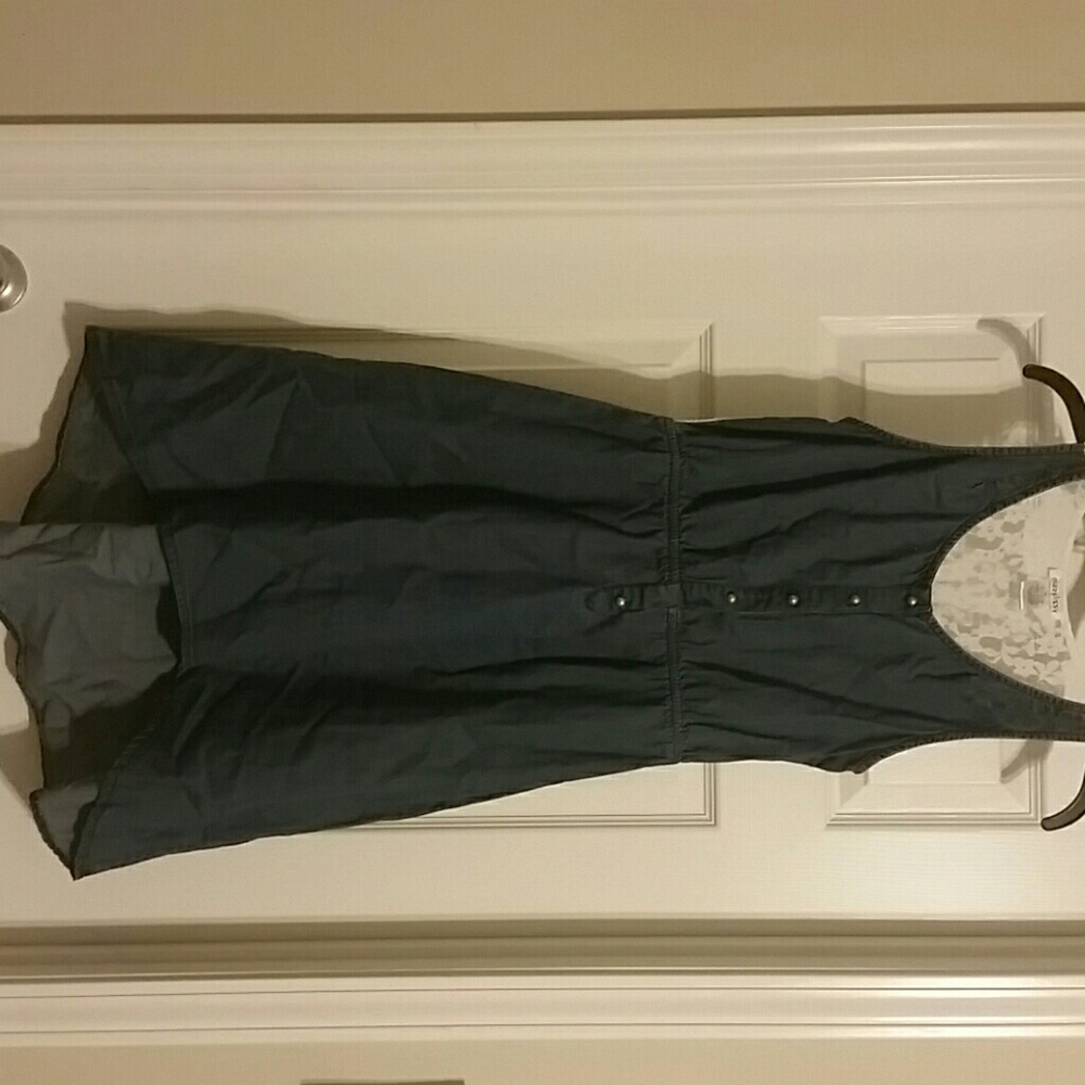 Denim dress with white flower lace back